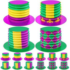 16개 세트 마디그라 축제용 아코디언 파티 모자, 퍼플 그린 옐로우 색상 마분지 접이식 종이 탑 햇 - Product Image 2