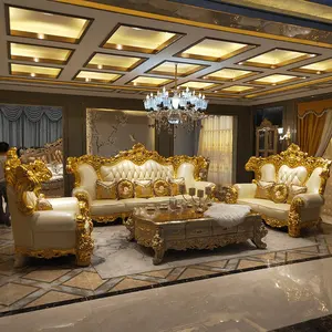 2023 promotion European style Luxury leather living room sofa set furniture wooden classical