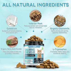 OEM 200 PCS Gato Calmante Trata Suplemento para aliviar la ansiedad Semilla de cáñamo Manzanilla Melatonina para el manejo del estrés para la separación - Product Image 2