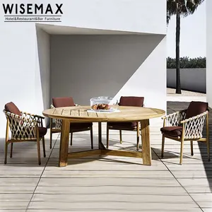 أثاث WISEMAX أثاث خارجي جديد من الخشب الصلب للراحة كرسي بحبل من خشب الساج للفناء أثاث للحديقة طقم طاولة طعام مع كراسي 8 مقاعد