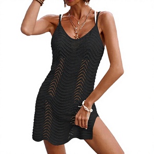 Robe moulante mini noire en crochet, col en V, ajourée, en maille, sans manches, en spandex/polyester respirant, printemps/été, pour femme - Product Image 3