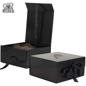 Hair Extension Cardboard Gift Box With Satin Wigs Black Magnetic Flip Makeup Box Packaging Bow For Christmas Tea Clothes Watch