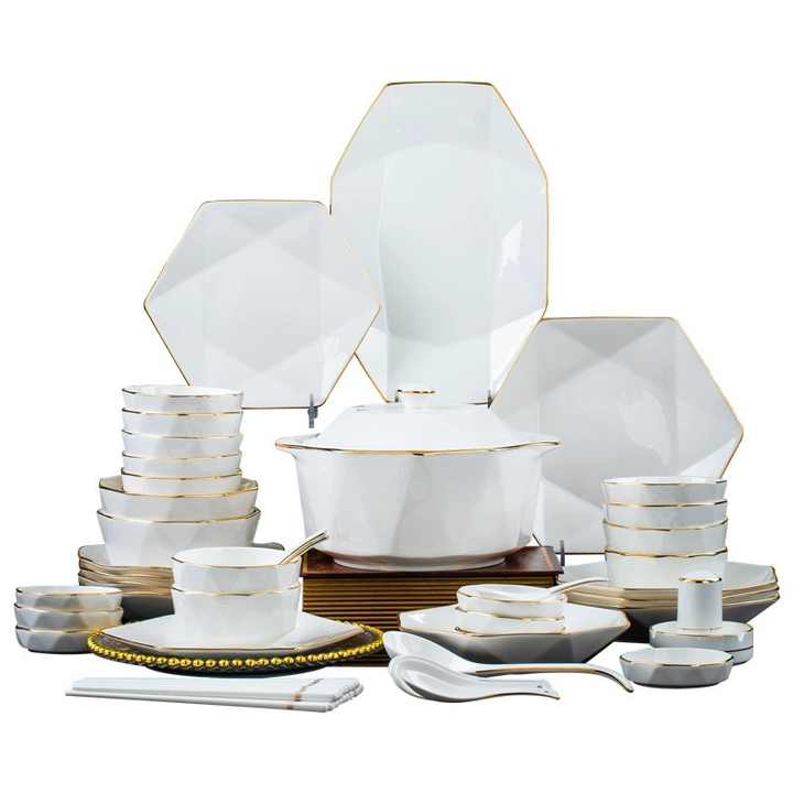 Nordic Elegant Gold Bone China Dinnerware Set Hexagonal Plate Tray Ceramic  Material for Kitchen Table Use