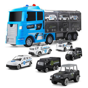 Camion porte-conteneurs en métal moulé sous pression avec 6 véhicules : pompiers, police, ingénierie, militaire, lumières et musique, jouet de jeu de rôle, cadeau - Product Image 1