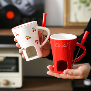 Cute Heart Chocolate Fondue Mug Butter Heating <b>Cup</b> <b>Ceramic</b> Chocolate Melting <b>Cup</b> Set with Fork - Product Image 5