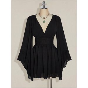 Women's Plus Size Boho Mini <b>Dress</b> Bell Sleeve V Neck <b>Elastic</b> Waist A Line Chiffon Casual Flowy <b>Dress</b> - Product Image 3