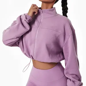 Tùy chỉnh áo thể dục quá khổ Zip Up hoodie dây kéo phụ nữ thể thao Crop Fleece Workout thể thao áo khoác cho phụ nữ