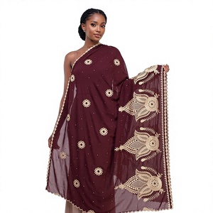 Écharpe en mousseline brodée en gros avec motif palmette dorée, roue éventail, rosette et bord festonné pour femme, idéale pour les soirées, personnalisation OEM ODM - Product Image 1