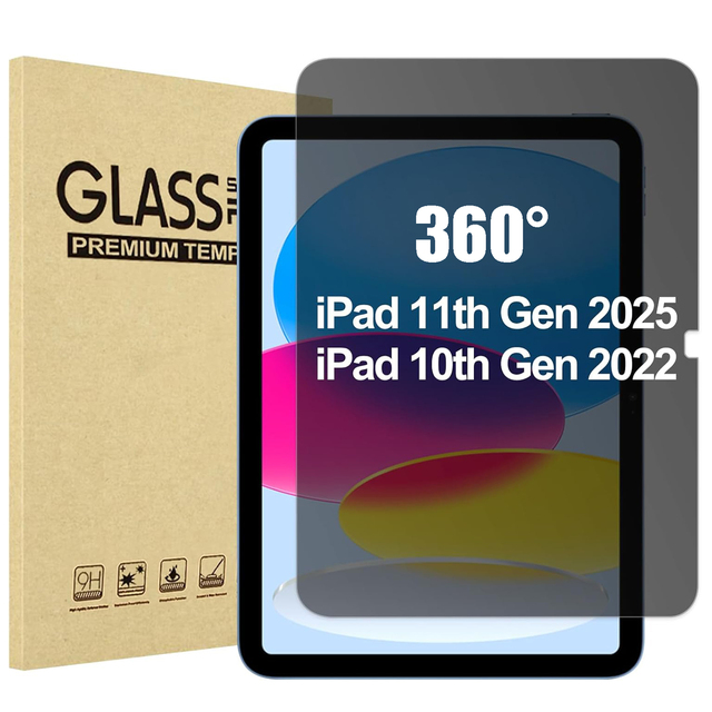 360° Privacy Screen Protector for iPad 11th (A16) 2025 11 Inch/ 10th 10.9 Inch 2022 4 Way Anti-Spy Tempered Glass Film