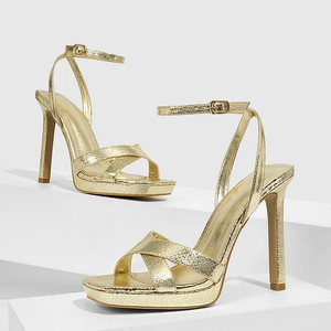 Sandali Estivi <span class=keywords><strong>Eleganti</strong></span> da Donna con Tacco, Cinturini Regolabili alla Caviglia e Design Pitonato Dorato - Product Image 1