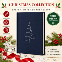 Carnet personnalisé A5 en lin avec couverture rigide, motif arbre de Noël bleu marine et argenté, reliure cousue, 80 feuilles, impression numérique, cadeau d'entreprise