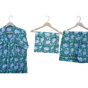 Indian Handmade 100% Pure Cotton Women's Pajama Set Romantic Floral Print <b>Drawstring</b> Closure V-Neck Short Sleeve Quick Dry - Product Image 4
