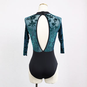 Justaucorps d'entraînement de ballet professionnel élastique dos ouvert conception avec manches en maille florale sarcelle noir Spandex et nylon matériel - Product Image 3