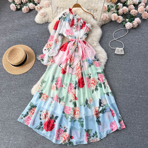 Abito da donna in <span class=keywords><strong>chiffon</strong></span> a maniche lunghe con una spalla obligue personalizzato abito da fata floreale con orlo a vita grande - Product Image 1