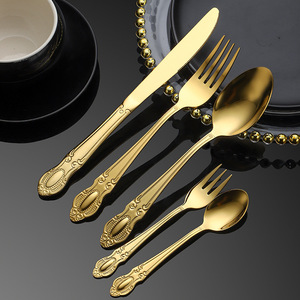 Ensemble de couverts occidentaux en acier inoxydable plaqué or, couteaux à dessert, fourchettes, cuillères, design élégant rétro - Product Image 3