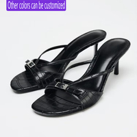 ZA Nouvelles sandales à talon aiguille et bout ouvert, ornées de boucles, noires, élégantes, à enfiler, pour femme, chaussures d'été à talons hauts