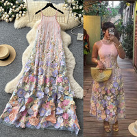 Robe longue féminine en tulle brodée de fleurs 3D, sans manches, coupe trapèze, élégante, style féerique, pour soirée d'été