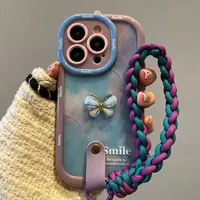 Coque de téléphone avec dragonne pour iPhone 16 15 14 13 11 12 Pro Max, motif papillon 3D mignon, style encre et bavures