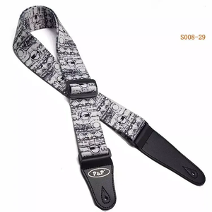 Cinturón de hombro de guitarra con impresión de transferencia de calor personalizada, correa de guitarra eléctrica acústica blanca y negra de poliéster con cabeza de cuero PU - Product Image 4