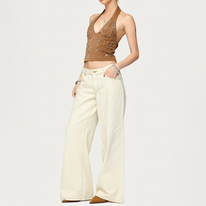 Jeans da Donna Personalizzati OEM in <span class=keywords><strong>Ecru</strong></span> Bianco con Cuciture a Contrasto e Gamba Dritta per Primavera Estate - Product Image 2