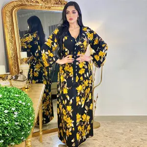 Plus Size Slim Floral Print Digital Printed Muslim Ladies Long Dressing Abaya Kaftan Dresses Women