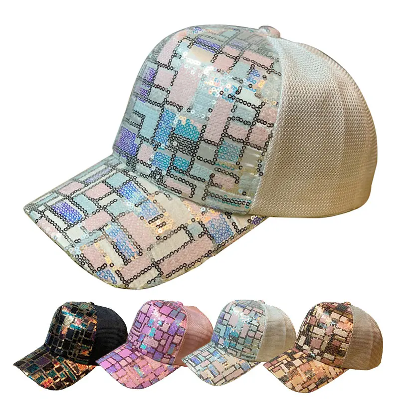 Gorras de Béisbol con Lentejuelas Brillantes para Mujer, Sombreros de Camionero de 5 Paneles, Malla Transpirable, Protección Solar, Logotipo Personalizado, Novedad