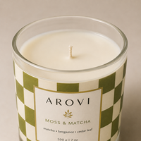 Bougie en verre parfumée au matcha Arovi-Trendy Green Checkered Soy Candle 200g avec couvercle en métal et boîte cadeau personnalisée