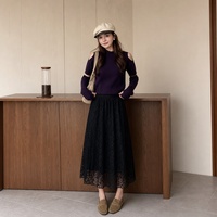 Jupe longue marron élastique taille haute en dentelle, jupe midi ajourée au crochet avec patchwork et poches, élégante pour femme, idéale pour le quotidien et les trajets.