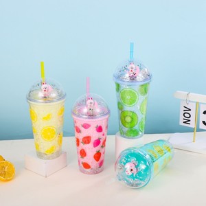 Lovely 450ml Four Color Summer Fruits Themed Double Wall <b>Plastic</b> Straw Tumbler with Decorative Silver Glitter Filled Dome Lid - Product Image 6