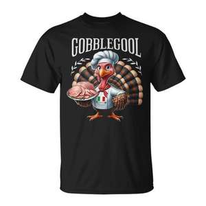 Gobblegool Turkey Chef - Camiseta de manga corta para adulto, diseño de dibujos animados retro, color negro, talla pequeña - Product Image 1
