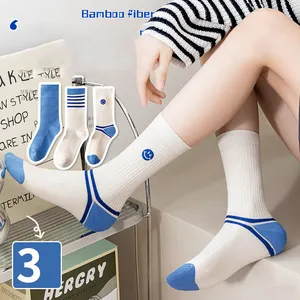 Factory OEM custom ready ship sock embroidery smiley face bamboo fiber rib cuff strip ankle sock for women