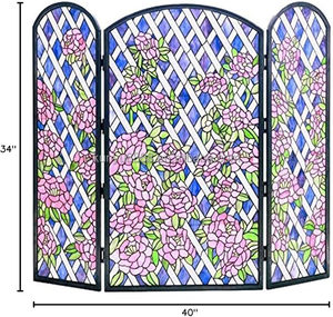 Customized Stained Glass Room Divider 3 Panels Floral Pattern Red Roses Blue Background Freestanding Decorative <b>Screen</b> - Product Image 4