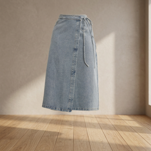 Jupe midi vintage en jean délavé avec lien latéral, coupe trapèze, style décontracté, en coton, pour femme, automne-printemps, avec logo à la taille - Product Image 3