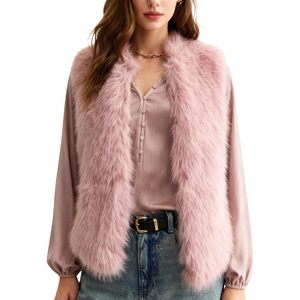 Gilet en fausse fourrure pour femme, sans manches, duveteux, ouvert sur le devant, vêtement d'extérieur d'hiver, rose, veste en fausse fourrure, cardigan, haut - Product Image 1