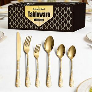 Luxury Custom logo Restaurant Dinnerware Cutlery Dinnerware Spoon Fork Knife White Gold Stainless Steel Flatware <b>Sets</b> - Product Image 5