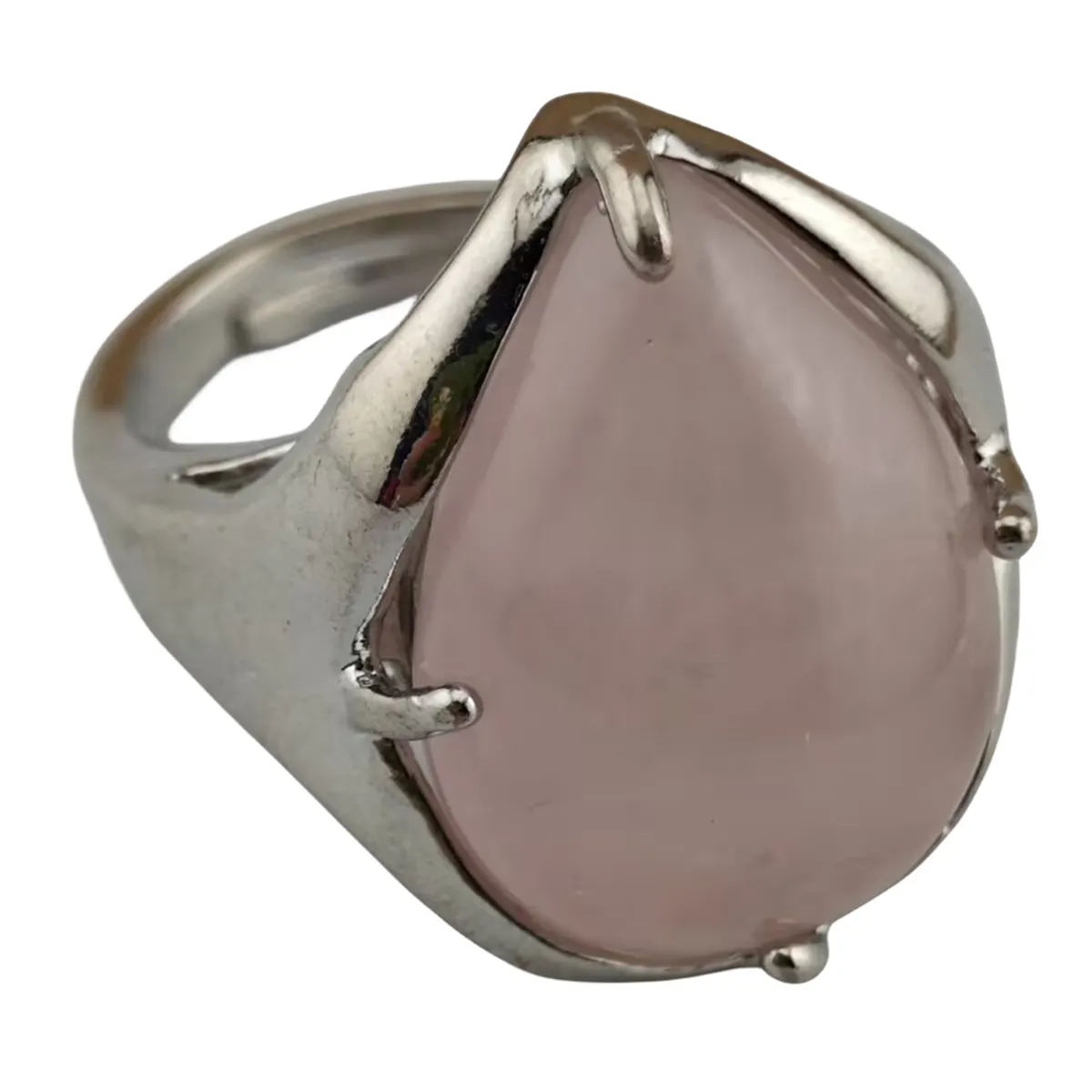 Vente en gros de bijoux tendance en pierre naturelle bagues en quartz rose pour femmes et filles bagues réglables goutte d'eau plaquées argent