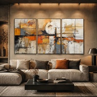 Peinture à l'huile paysagère Art déco urbaine texturée orange et grise, faite à la main, sur toile encadrée, horizontale large, noire/dorée, art mural moderne