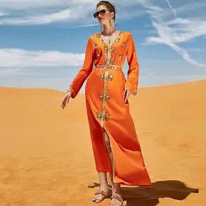 Gaun Panjang Pesta Malam Muslim Wanita, Bor Buatan Tangan Oranye Trendi