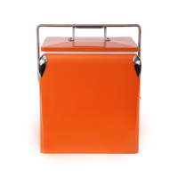 Glacière rétro orange en métal à livraison rapide, durable et isolée, avec poignée en acier inoxydable pour le camping, les pique-niques et les barbecues
