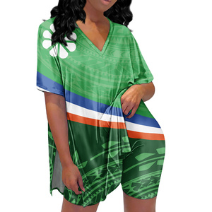 Vente en gros, dropshipping, pyjama pour femmes et filles, manches courtes, taille élastique, imprimé logo des îles Marshall - Product Image 1