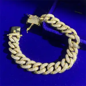 Hiphop gioielli all'ingrosso più venduti argento puro chiaro GRA VVS Moissanite diamanti 14mm Cuban Link braccialetti per gli uomini