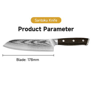 Couteau Santoku KEEMAKE 7 pouces en acier Damas, motif sable fluide, ultra-affûté, ambidextre, écologique, finition brossée, manche en bois Pakka - Product Image 4