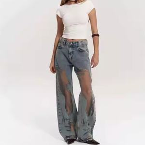 Nuevas llegadas para otoño: Jeans de mezclilla de tiro bajo de alta calidad, corte recto holgado, pierna ancha, con parches de organza desgastados, estilo OOTD para mujer. - Product Image 2