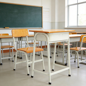 Escritorio Escolar Resistente con Cajón con Cerradura y Gancho para Libros, Patas Metálicas con Estructura Cromada, Muebles para Estudiantes para Aulas Universitarias - Product Image 1
