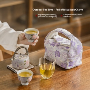 Juego de tetera de cerámica pintada a mano con diseño de crisantemo, bolsa de almacenamiento portátil, juego de té para viaje, una tetera y dos tazas - Product Image 3