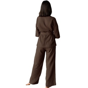 Solid <strong>Cotton</strong> Crepe Loose Cardigan Lace-up Women's Long Sleeve Pyjamas Custom Sleepwear Lounge <strong>Wear</strong> Sets for Women's Pajamas - Product Image 5