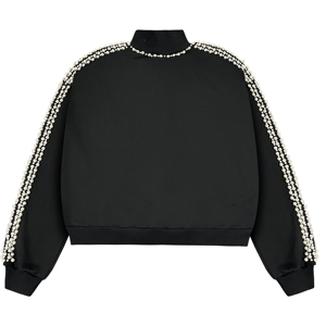 Sudadera con capucha negra de alta calidad para hombre, con cremallera, adornada con perlas y piedras, cuello alto, estilo urbano, informal y a la moda. - Product Image 2