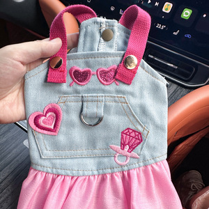 בגדי קיץ סיטונאיים לכלבים וחתולים, חצאית ג'ינס ורודה אופנתית עם הדפס מצויר בסגנון קאובוי לכלבים קטנים, לאביב וסתיו - Product Image 6