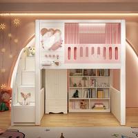 Lit mezzanine moderne JS rose en forme de chat pour enfants avec escalier, armoire de rangement et penderie à 2 portes, garde-corps haut pour chambre de filles