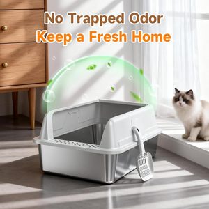 Metal <b>Cat</b> Litter <b>Box</b> With Enclosed Frame Non Sticky Odor Resistant <b>Cat</b> Toilet For Large <b>Cats</b> - Product Image 3